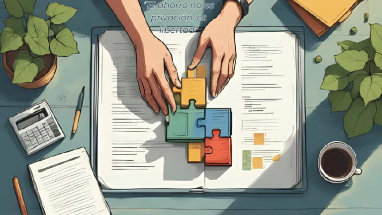 Simulador de Presupuesto Familiar: Calculadora Gratuita - Blog finanzas personales Simulador de presupuesto familiar - Ilustración de manos organizando piezas de puzzle de colores que representan categorías de presupuesto (vivienda, ocio, ahorro) sobre mesa con calculadora y documentos financieros