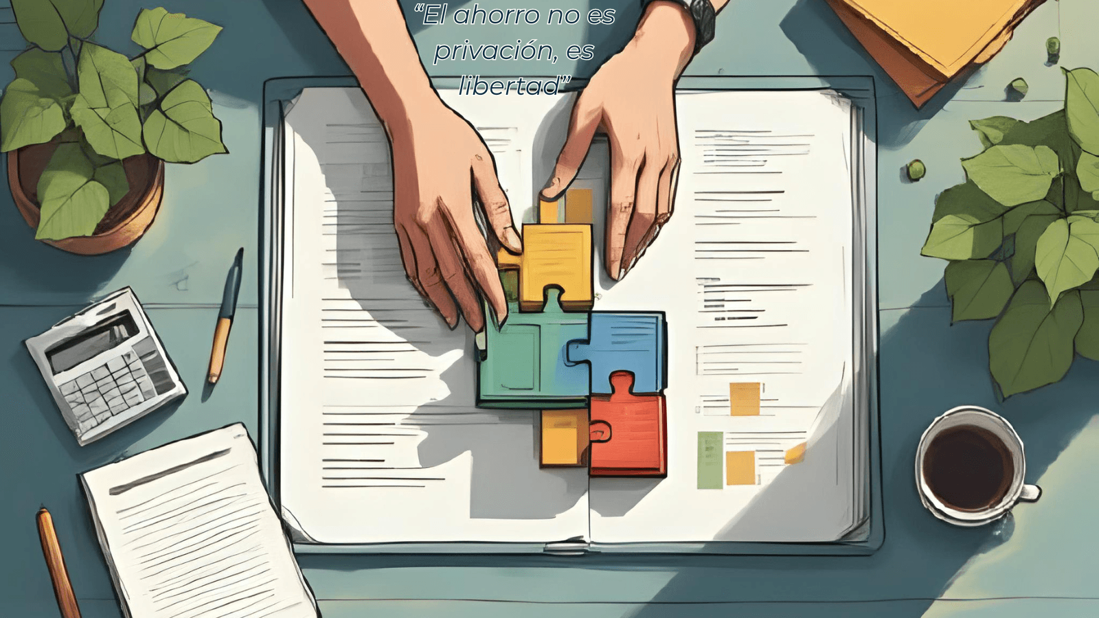 Simulador de presupuesto familiar - Ilustración de manos organizando piezas de puzzle de colores que representan categorías de presupuesto (vivienda, ocio, ahorro) sobre mesa con calculadora y documentos financieros