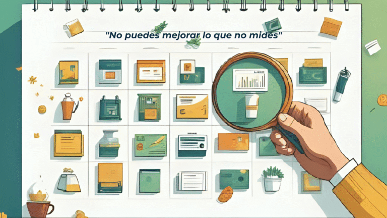 Plantilla Gratuita: Tracking de Gastos 30 Días - Blog finanzas personales Calendario de tracking de gastos de 30 días con categorías organizadas por colores, lupa analizando patrones de gasto diario, iconos de alimentación, transporte y ocio. Plantilla de control de gastos mensuales.
