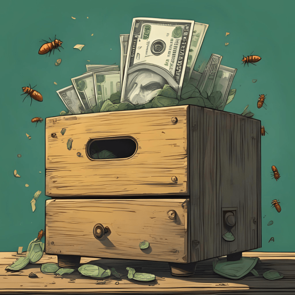 Ilustración metafórica de termitas erosionando un bloque de madera, representando cómo la inflación reduce el valor de los ahorros.