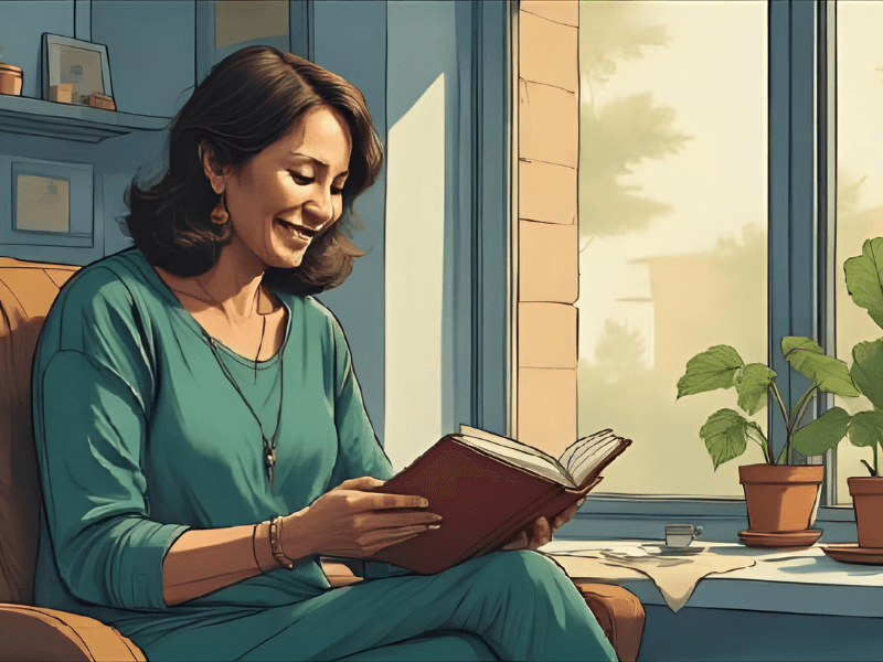 Mujer relajada en casa, representando la paz mental de tener los ahorros seguros y organizados.