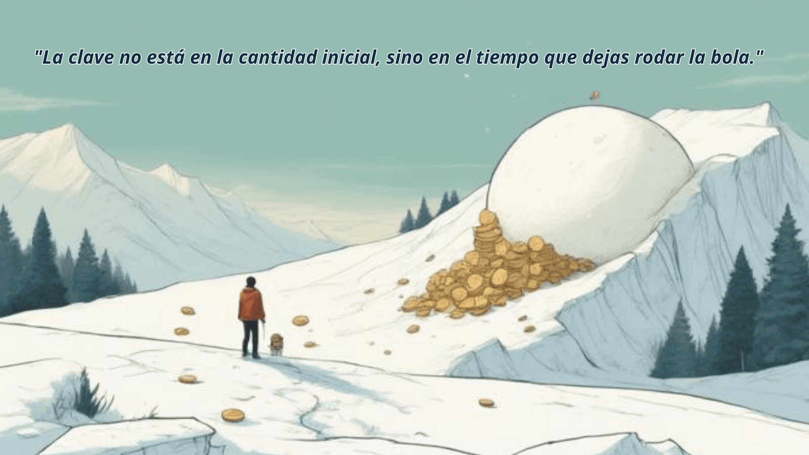 Ilustración de una gran bola de nieve rodando colina abajo simbolizando el crecimiento exponencial. Metáfora que responde a la pregunta de qué es el interés compuesto.