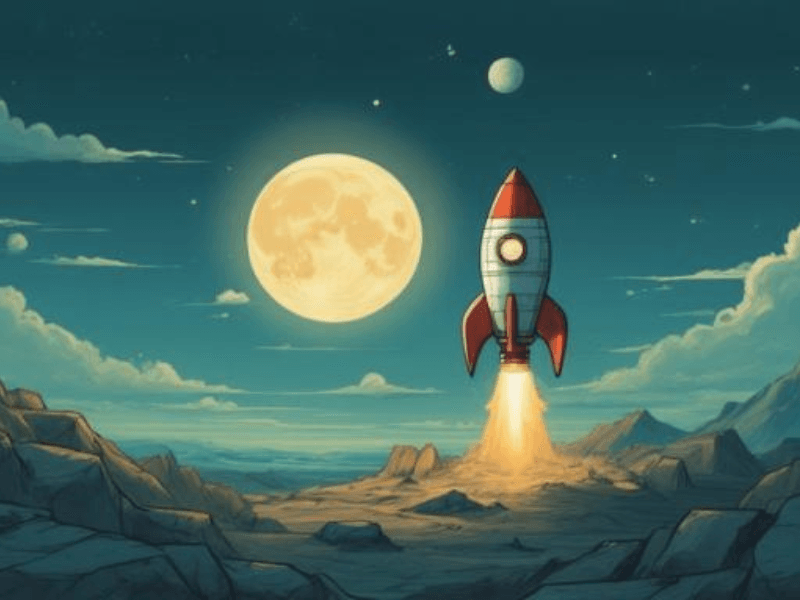 ¿Y si la hucha está rota? La sostenibilidad de las pensiones en España a examen - Blog finanzas personales Ilustración de un cohete pequeño intentando llegar a una luna gigante, simbolizando la economía real frente a las promesas de pensiones.