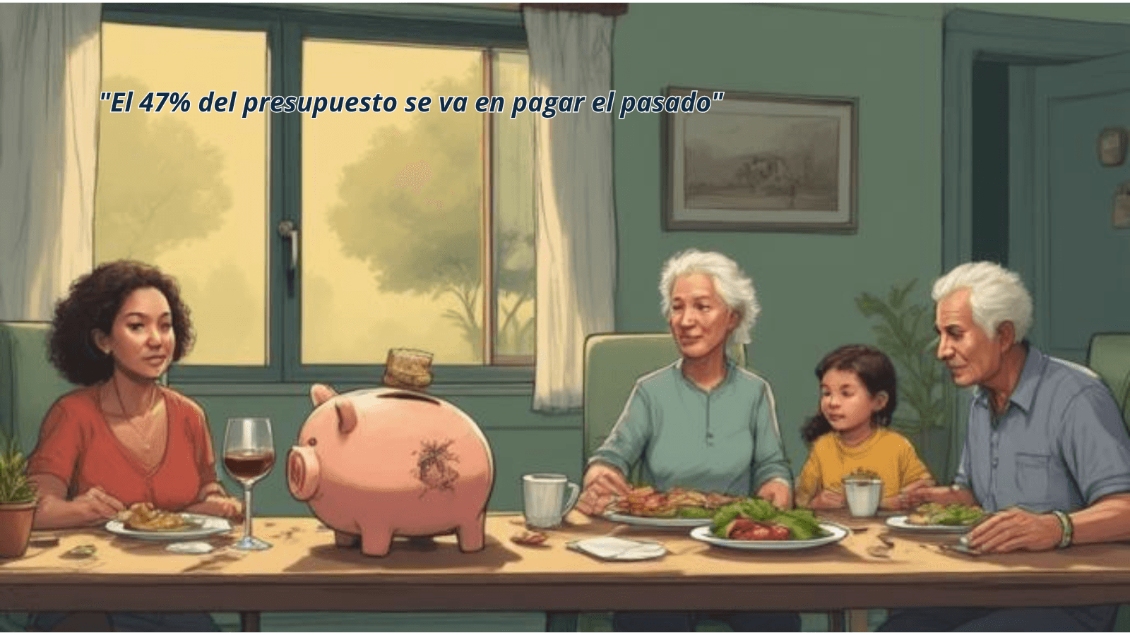 ¿Y si la hucha está rota? La sostenibilidad de las pensiones en España a examen - Blog finanzas personales Hucha de cerdito con grieta sobre mesa de cena familiar representando la crisis de la sostenibilidad de las pensiones en España.
