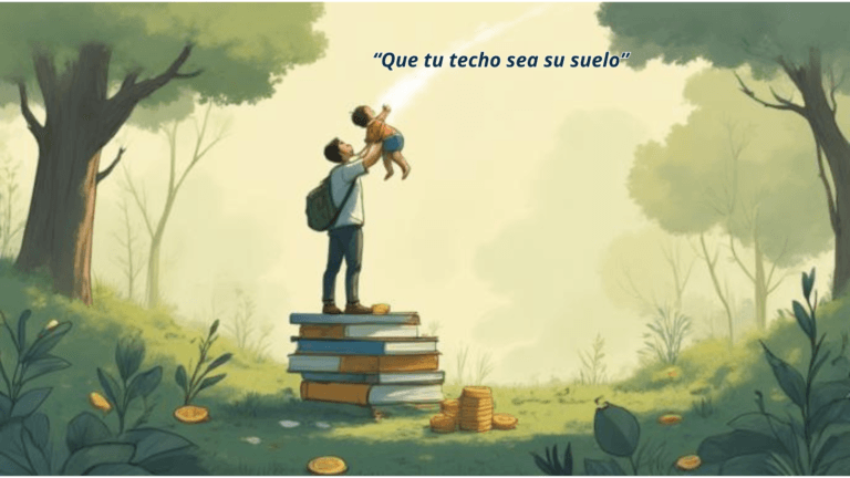 Tu techo es su suelo: Cómo evitar criar un "niño burbuja" - Blog finanzas personales Padre aupando a su hijo pequeño sobre una base de libros y monedas, representando el legado financiero y educativo.
