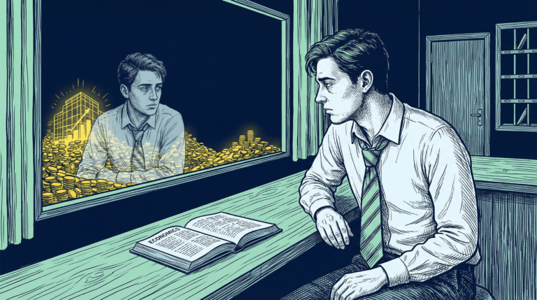 Carta a mi yo de 19 años: El espejismo de los 400 euros (y la paradoja del economista) - Blog finanzas personales Ilustración estilo cómic de recepcionista joven estudiando economía de noche, reflejando en la ventana el patrimonio perdido por no ahorrar. lustración para la carta a mi yo de 19