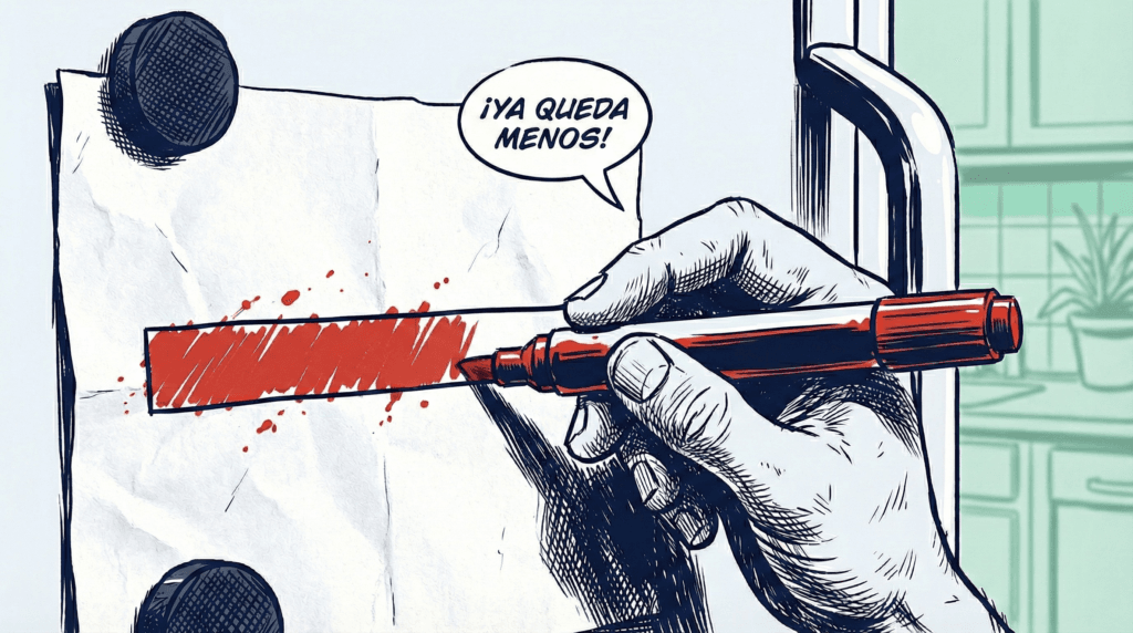 El Fondo de Supervivencia: Tu primer escudo de 1.000€ (y cómo lograrlo rápido) - Blog finanzas personales Primer plano de una mano rellenando con rotulador rojo una barra de progreso en la nevera para visualizar el avance del fondo de supervivencia.