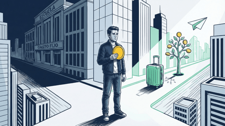 Ilustración estilo cómic de un hombre decidiendo entre dos caminos financieros, representando que es el coste de oportunidad y la renuncia a alternativas.