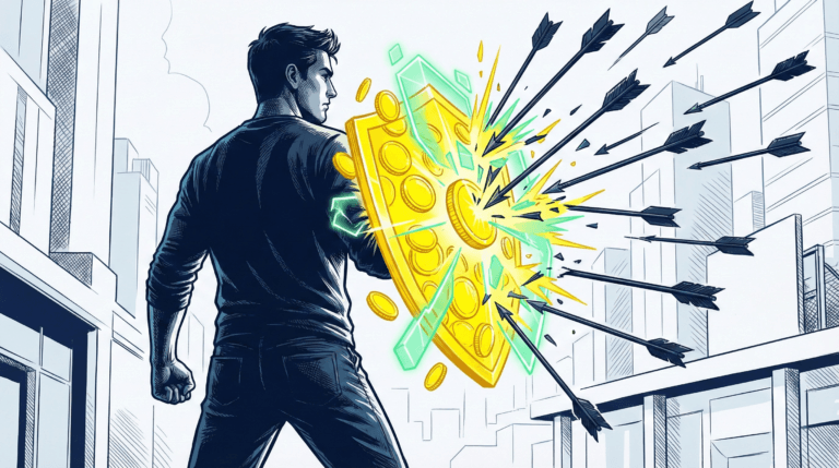 Ilustración estilo novela gráfica de un protagonista protegiéndose con un escudo brillante que representa el fondo de supervivencia ante una lluvia de flechas de gastos imprevistos.