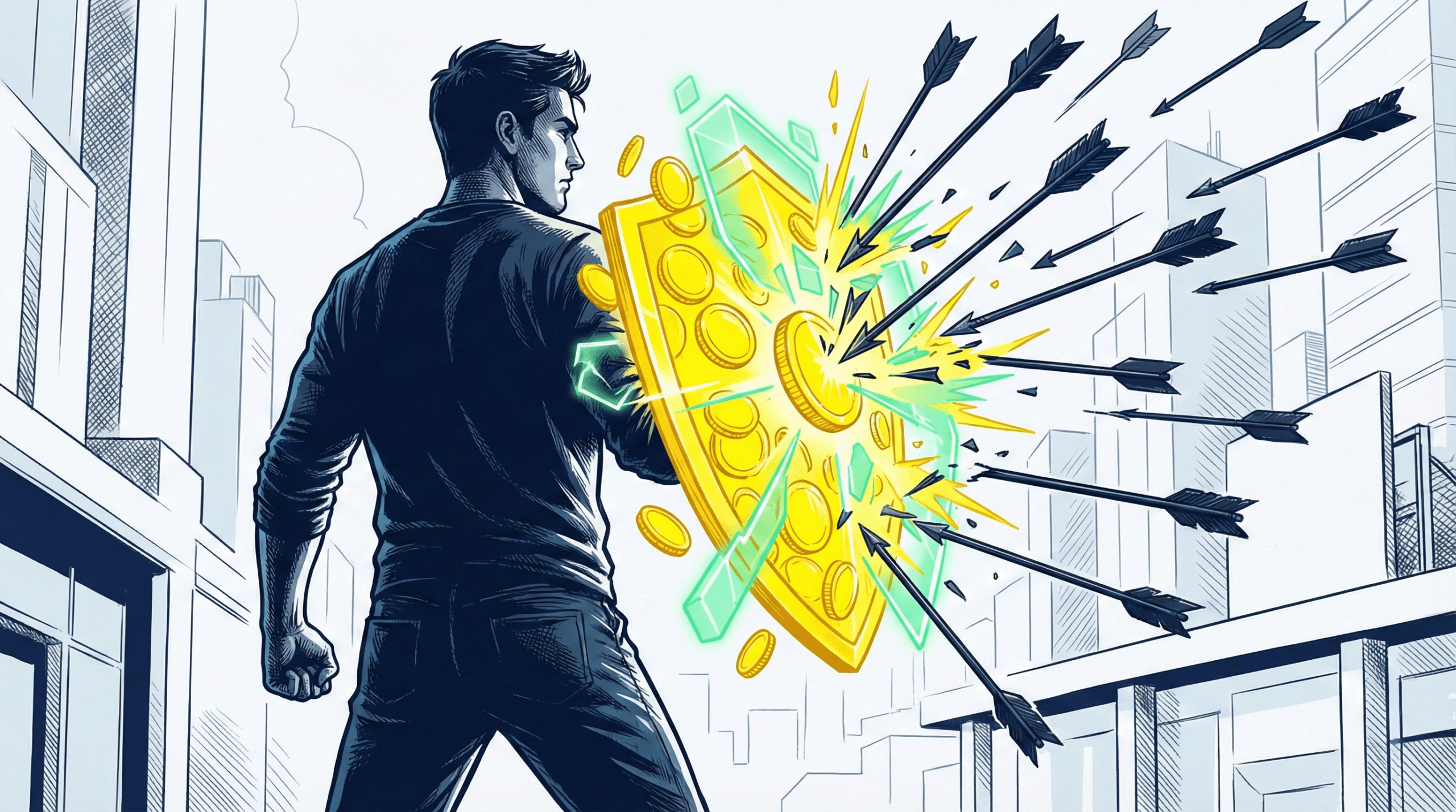 El Fondo de Supervivencia: Tu primer escudo de 1.000€ (y cómo lograrlo rápido) - Blog finanzas personales Ilustración estilo novela gráfica de un protagonista protegiéndose con un escudo brillante que representa el fondo de supervivencia ante una lluvia de flechas de gastos imprevistos.