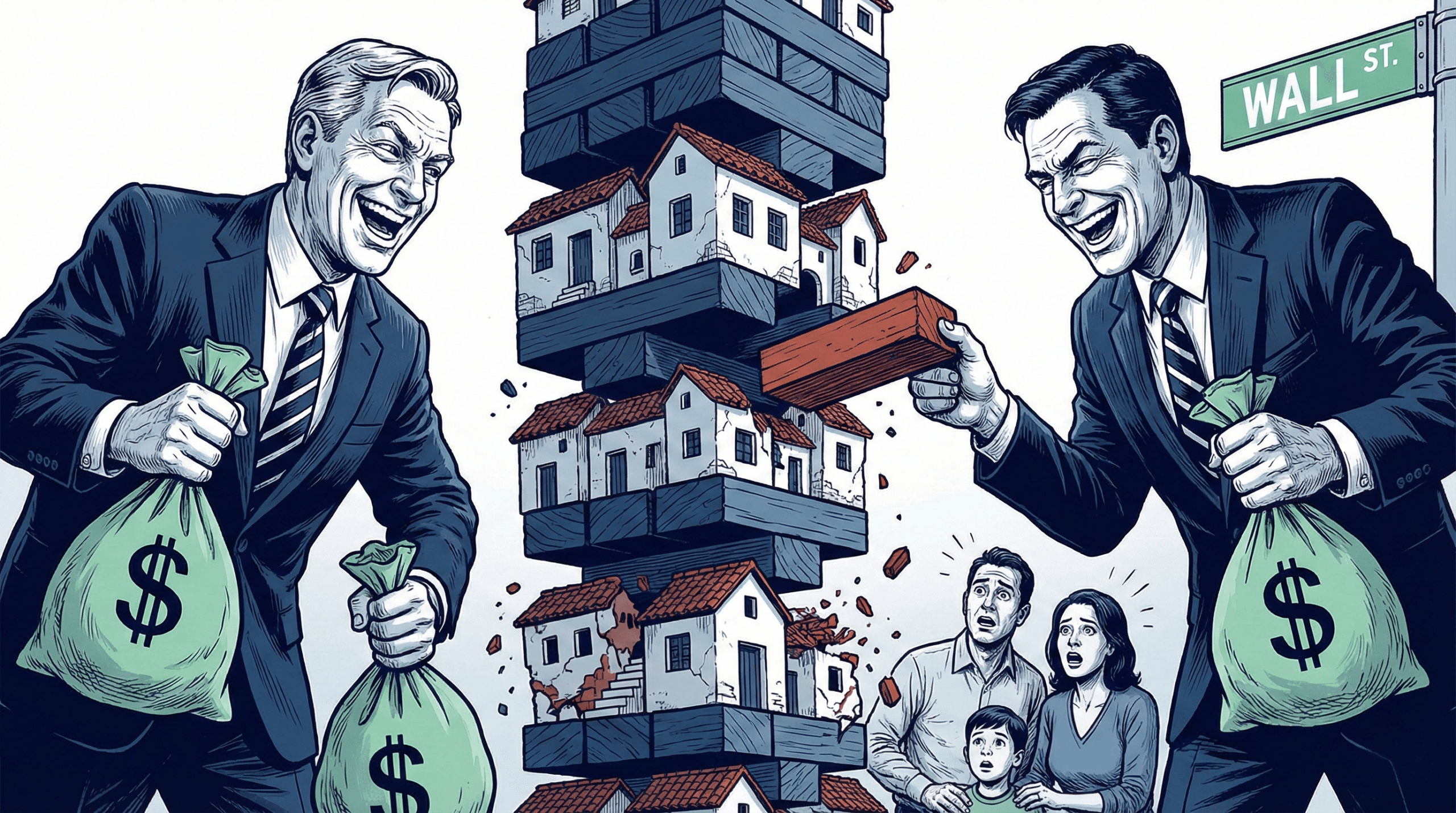 Lo que "La Gran Apuesta" no te contó sobre tu hipoteca (y por qué debería importarte) - Blog finanzas personales Ilustración estilo cómic sobre la gran apuesta y el colapso inmobiliario, mostrando a dos banqueros jugando con una torre de Jenga de casas a punto de caer sobre una familia.