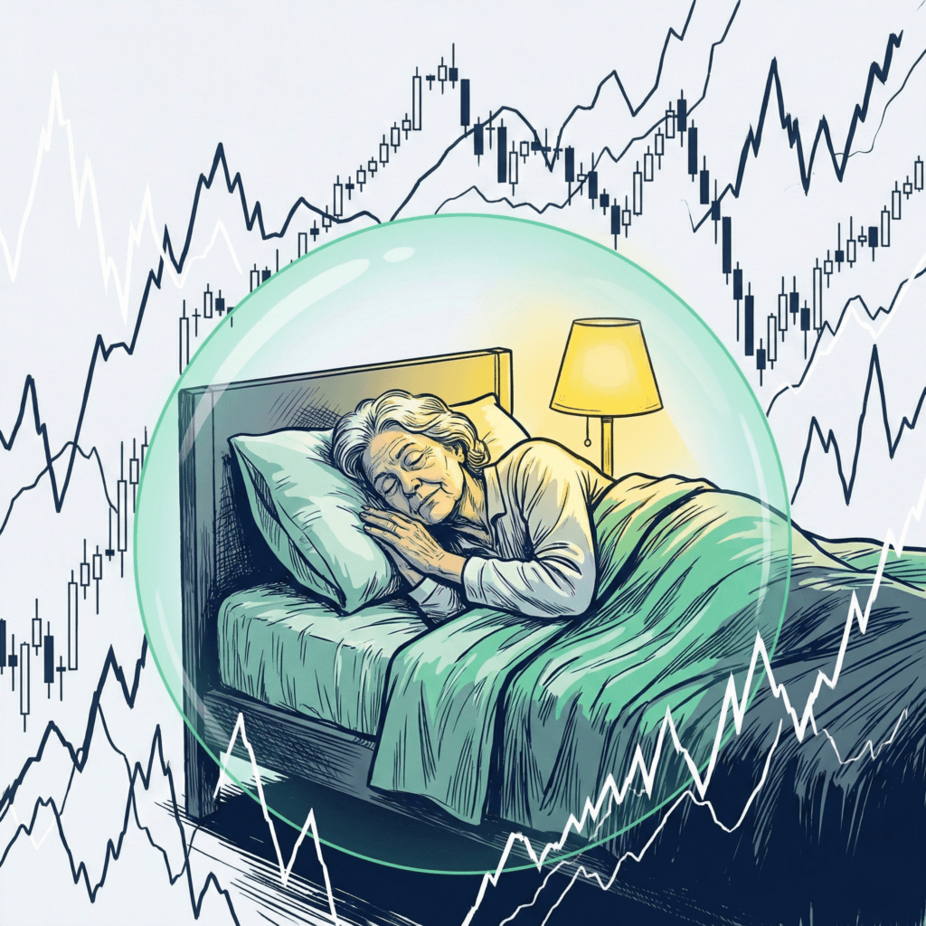 Mujer durmiendo tranquila protegida de la volatilidad del mercado bursátil.