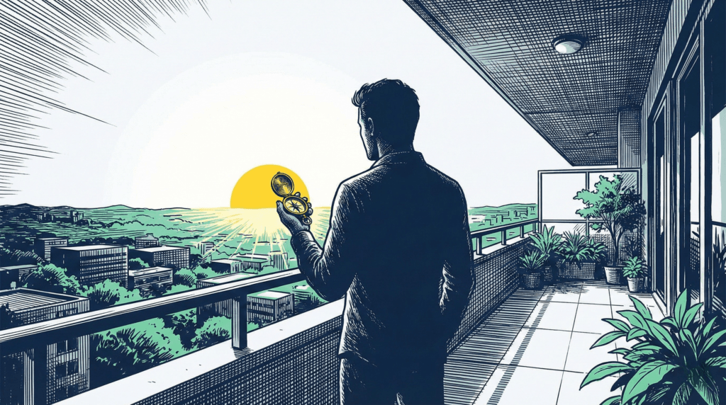 Persona mirando al horizonte sosteniendo una brújula, simbolizando libertad financiera.