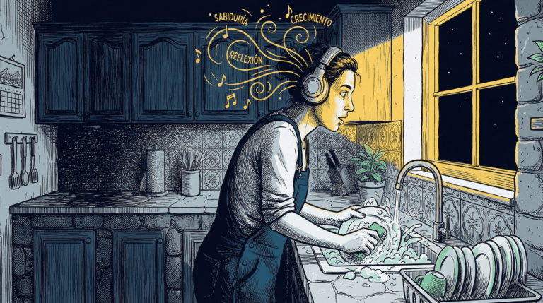 Persona escuchando audiolibro "la psicología del dinero" de finanzas mientras friega los platos en una cocina española moderna