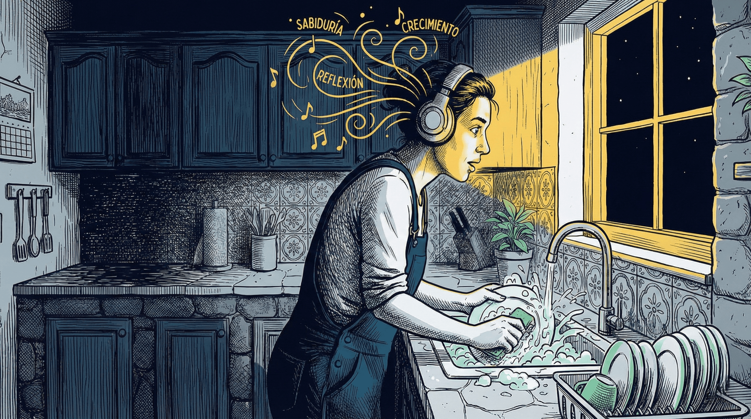 Persona escuchando audiolibro "la psicología del dinero" de finanzas mientras friega los platos en una cocina española moderna