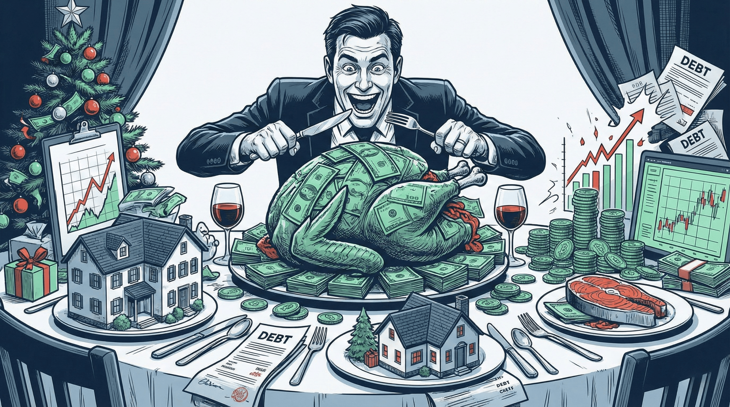 ¿Qué es una Burbuja Financiera? La euforia que financia el futuro con tu dinero - Blog finanzas personales Ilustración estilo cómic explicando qué es una burbuja financiera mediante la metáfora de un banquete excesivo a punto de colapsar.