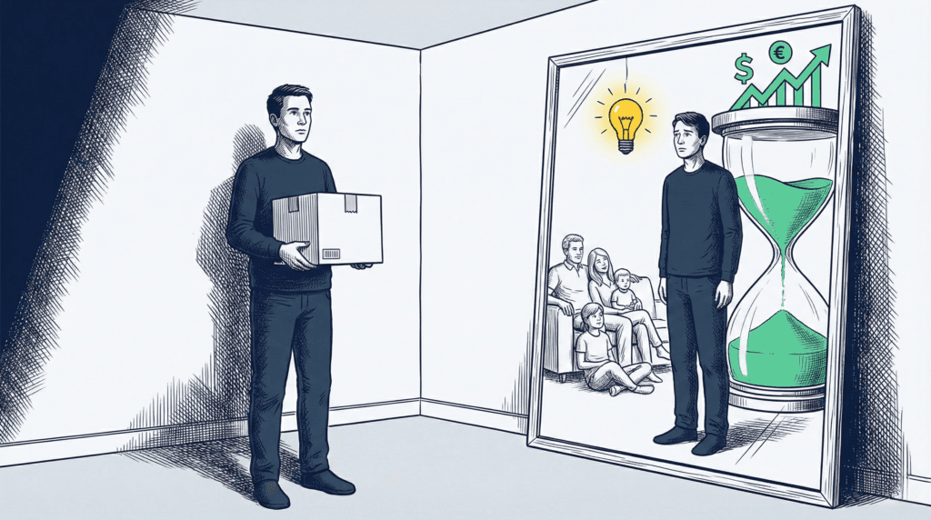 Ilustración metafórica de un espejo que refleja el coste de oportunidad: lo que sacrificas al comprar algo material.