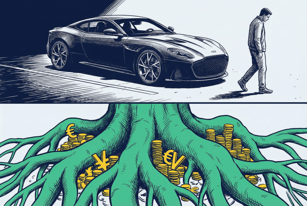 Ilustración comparando un coche de lujo con raíces profundas de ahorro invisible.
