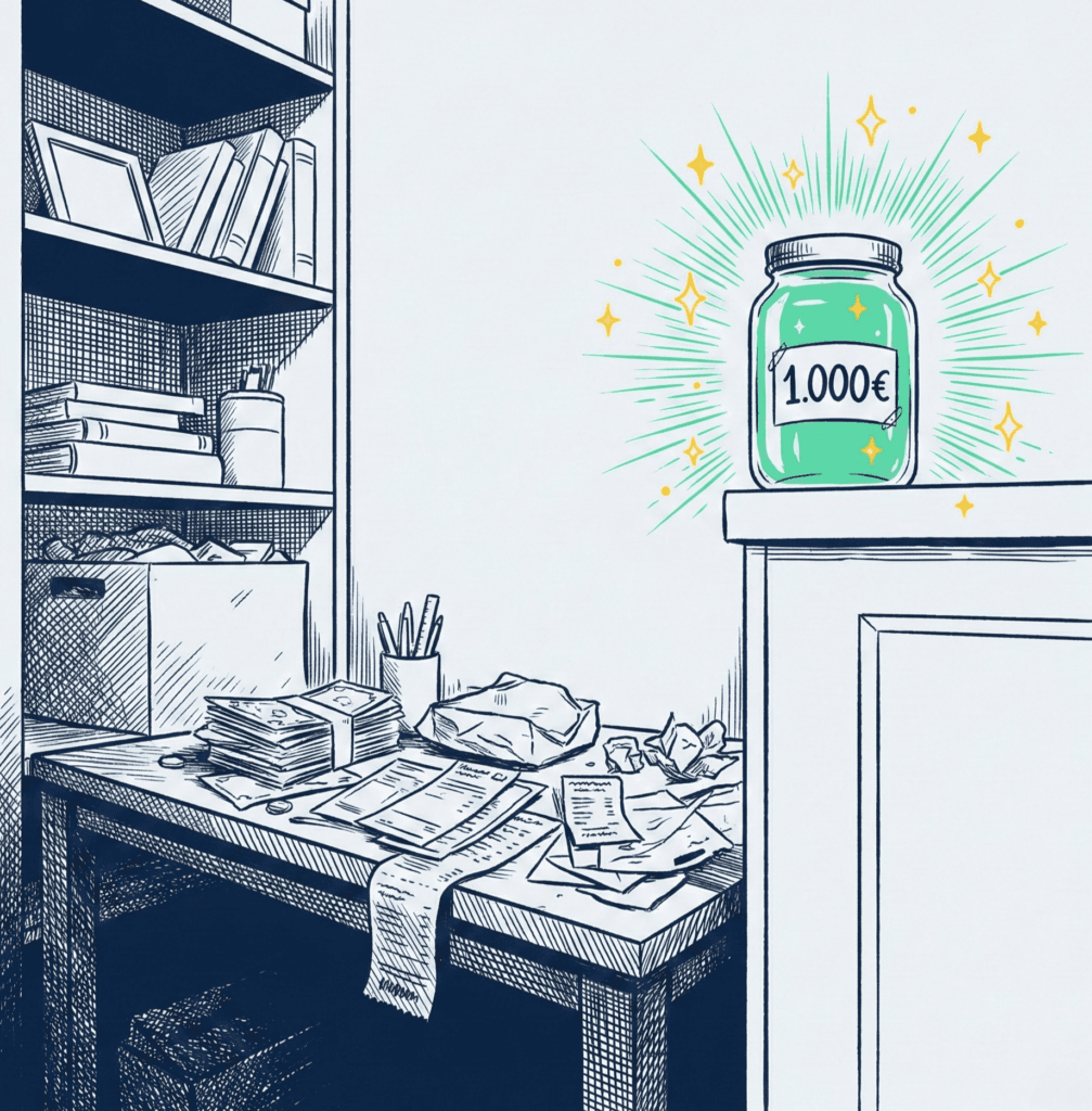 El Fondo de Supervivencia: Tu primer escudo de 1.000€ (y cómo lograrlo rápido) - Blog finanzas personales Bote de cristal con dinero situado en una estantería alta lejos del desorden diario, simbolizando la separación física y seguridad del fondo de supervivencia.