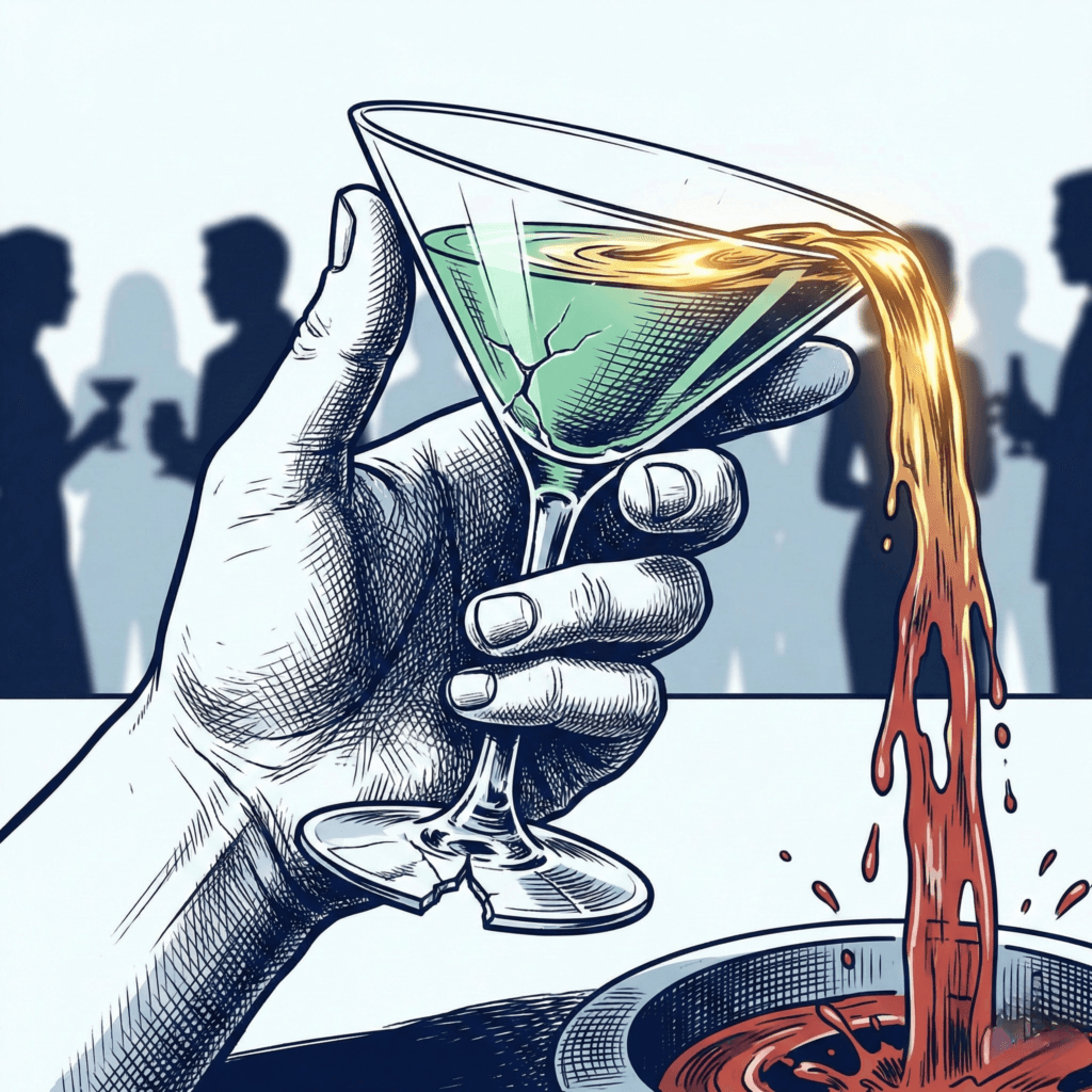 Copa de cóctel rota perdiendo líquido dorado, metáfora visual de gastos hormiga y estilo de vida falso rico.